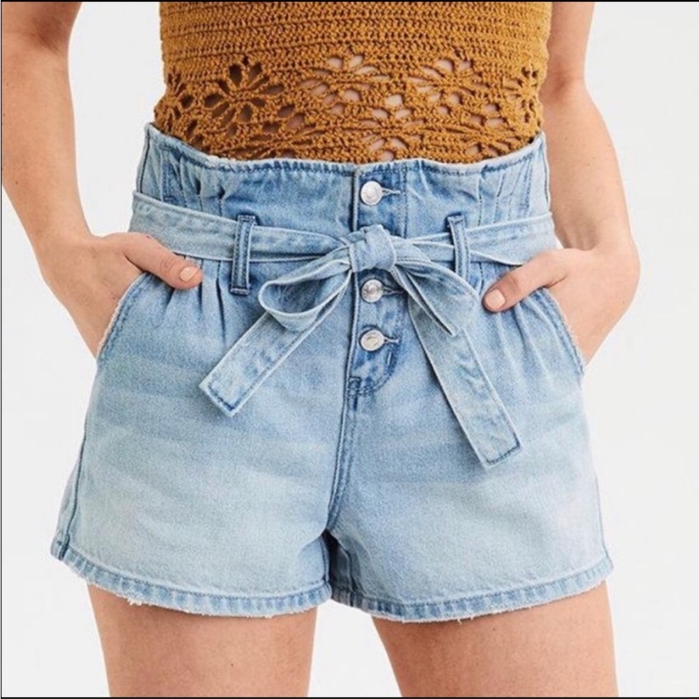 American Eagle Outfitters Light Blue Denim Paperbag Waist Shorts